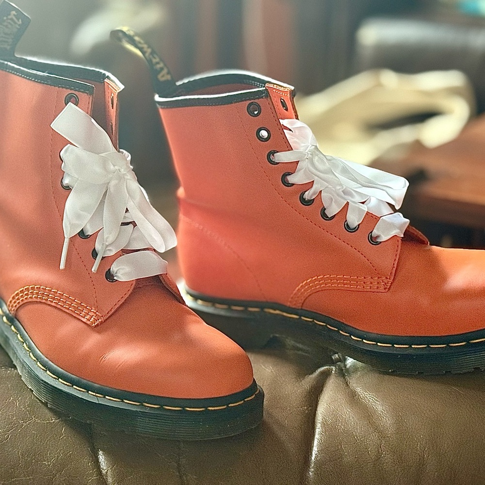 Dr Martens Orange Lace-Up Boots with White Ribbon